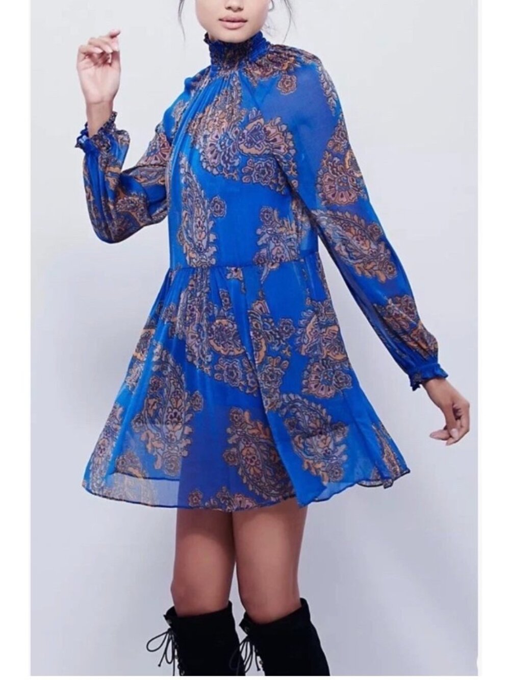 Free People Women's Blue Paisley Smocked High Neck Sheer Long Sleeve Mini Dress